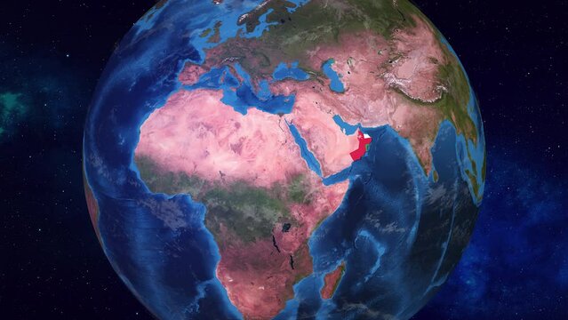 Oman: Realistic 3D Animation of Earth Zooming into Oman with its borders highlighted with its National Flag in 4K