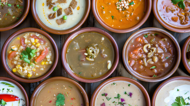 table filled with bowls of different soups and sauses from different countries cousine with vegetables or meat 