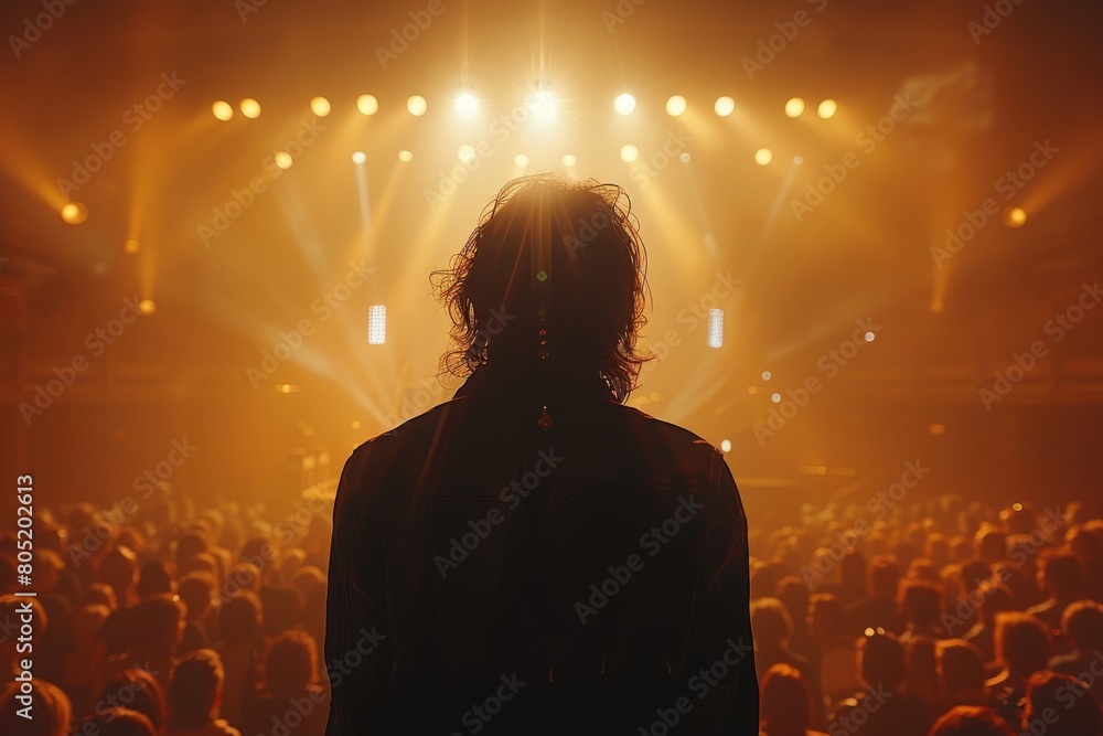 Poster silhouette of a person from the back with a crowd and stage lights in the background at a live conce