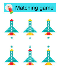 Matching game for kids. Task for the development of attention and logic. Vector illustration of cartoon rocket.