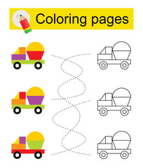 Educational game for kids. Go through the maze and color a cartoon truck according to the pattern.