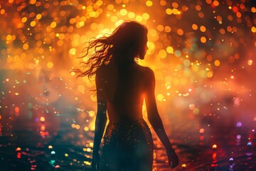 A female figure stands gazing into a sea of bokeh lights, offering a dreamy, ethereal visual experience in vivid colors