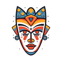 Colorful tribal mask illustration, vibrant traditional African Aztec design, symmetrical facial features, ethnic decoration, bold outline. Graphic tribal mask orange, blue, yellow accents