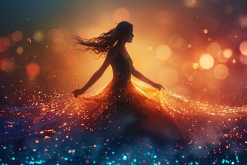 Captured in motion, a woman in a sparkling dress is surrounded by mesmerizing bokeh lights, evoking movement and magic