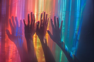 Multiple hands reach up silhouetted against a backdrop of rainbow-colored lights, creating a feeling of diversity and unity