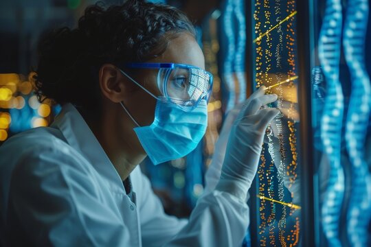 A scientist studies a luminous DNA strand reflected on the screen in a dark laboratory, showing genetic research