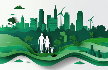 Paper art style depicting a green cityscape with a family, wind turbines and solar panels on a white background as a vector illustration. The concept portrays green energy for eco-friendly