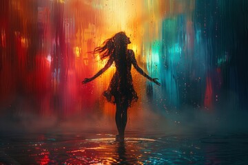 A backlit figure of a dancer is captured amidst vibrant, multicolored light reflections creating an...