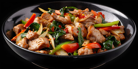 Delicious mouthwatering chicken karahi with vegetables  black bowl isolated on dark black background.