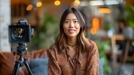 Blogger livestreams from studio engaging with subscribers creating social media content. Concept Blogger Livestream, Studio Setting, Engaging Subscribers, Social Media Content Creation