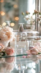 An elegant large body lotion pump bottle on a mirrored vanity, surrounded by luxurious beauty products and delicate rose petals