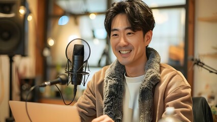 Creating a Podcast: An Asian Man Records from His Home Studio. Concept Podcasting, Home Studio, Asian Representation, Recording Tips, Creative Process