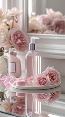 An elegant large body lotion pump bottle on a mirrored vanity, surrounded by luxurious beauty products and delicate rose petals