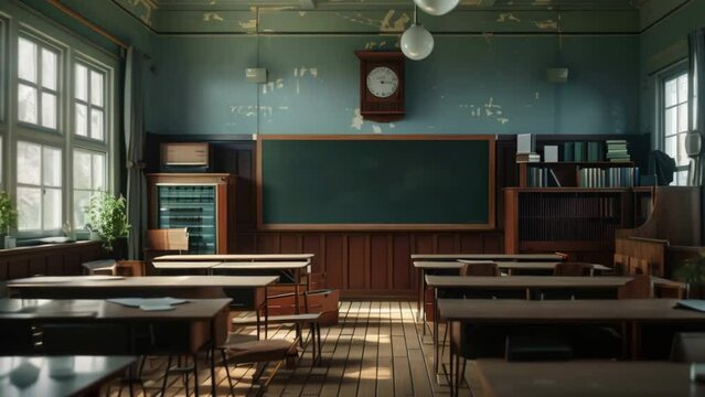 Empty classroom background. Old school room interior. Educational class with board chairs tables. Primary middle high school concept. No people students. Sunny day. Sun light indoor. While holidays.