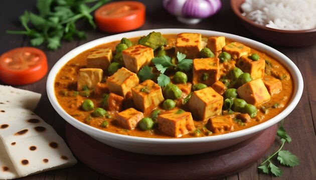 Paneer matar masala. Indian style cottage cheese curry in frying pan on black  background. side view