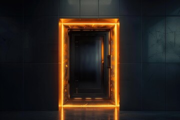 A dark room with a door and illuminated by some lights. Suitable for various interior design concepts