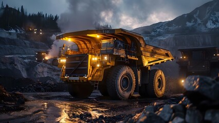 Coal mining operation at night: Large dump truck loading minerals for transportation. Concept Coal mining, Night operation, Large dump truck, Loading minerals, Transportation