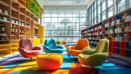Vibrant Modern Library with Interactive Learning Spaces for Children's Reading. Concept Children's Reading, Modern Library, Interactive Learning Spaces, Vibrant Design, Educational Programs