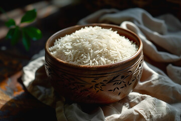 Indian cooked basmati rice in a wooden plate, over colourful or wooden background, selective focus