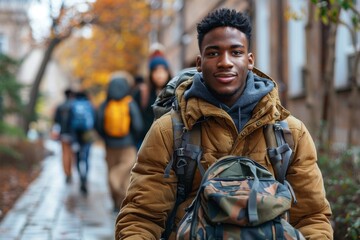 Fototapeta premium A casually dressed young man with a backpack walks down a street lined with autumn foliage