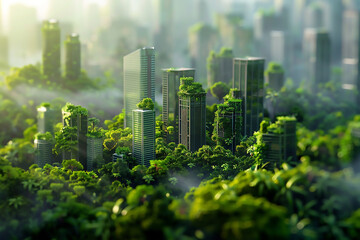 Green skyscraper building with plants in city ecology and green living in downtown, urban environment concept.