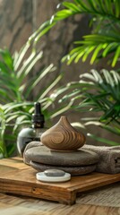 An aromatherapy oil set with a stone diffuser placed on a wooden table in a serene spa environment, surrounded by soft towels and calming green plants