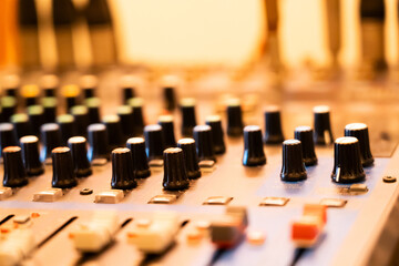 Hi-Fi system console control panel audio equipment Close-up of digital studio mixer control panel...