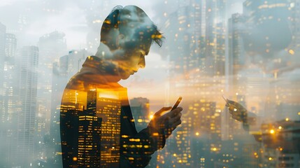 The double exposure image of the business man holding phone sunrise overlay with cityscape image. 