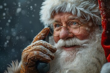 An up-close and personal shot of a snow-dusted hand presumably of Santa Claus holding a vintage camera takes us into the festive spirit © Larisa AI