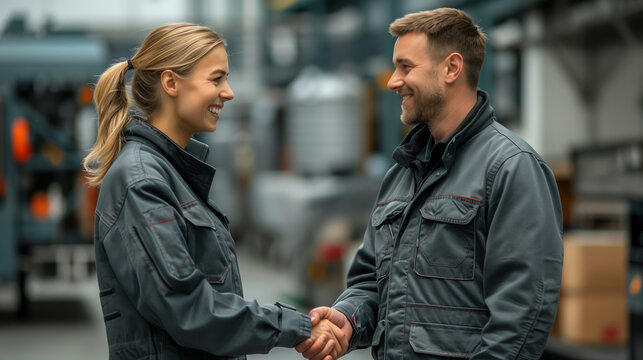 Profile shot of two cheerful engineers in protective uniform and hardhats smiling at each other shaking hands at production plant manufacturing hardware industry professionalism trust agreement