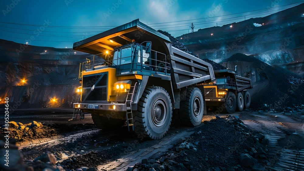 Poster nighttime coal mining operation with large dump truck loading minerals for transportation. concept c