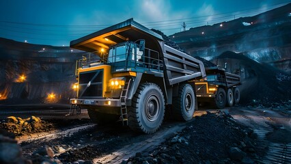 Nighttime coal mining operation with large dump truck loading minerals for transportation. Concept Coal Mining, Night Operations, Dump Truck, Mineral Extraction, Transportation