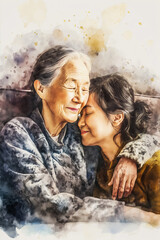 Celebrate the connection between generations with this touching card design, an elderly mother and her beloved daughter share moments of pure joy on a cozy home sofa, vertical drawing