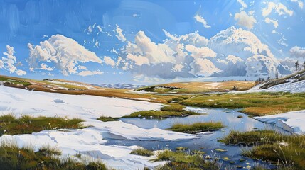 A beautiful landscape oil painting with a vast snow-covered field