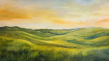 Obraz premium A beautiful landscape oil painting with green hills and a yellow sky