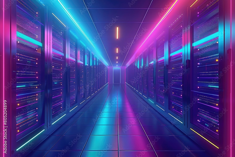 Aufkleber rows of servers in a long hallway with neon lights. ideal for technology and networking concepts