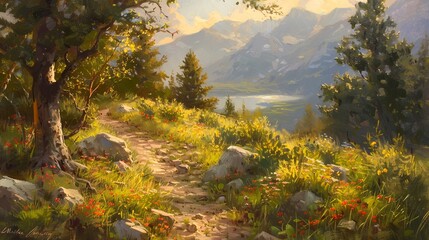 A beautiful landscape oil painting with a lake, mountains, and trees