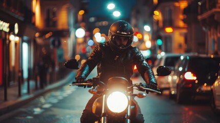 A portrait of a handsome male motorbike rider in the street at night