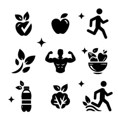 Health icons of an apple and the icons of a healthy person in black color with illustrated background 