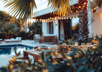 Set the table for an elegant dinner with wine glasses and expensive decorations. Soft sunset light outside by the swimming pool.