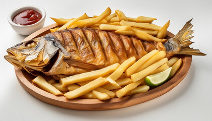 roasted fish served with fries on a wooden tray
