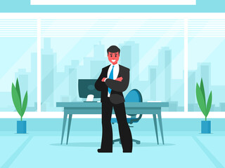 Illustration of a man standing in the office with rolled arms , illustrated blue and white background
