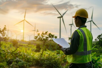 Back view of a worker or inspector holding a folder and writing something on the background of a windmill farm