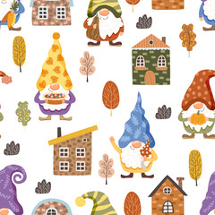 seamless pattern of cute gnomes along with houses , illustrated background 