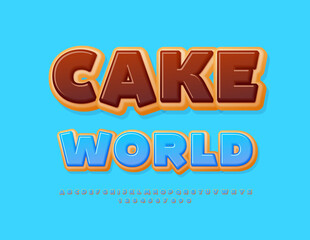 Vector delicious label Cake World.  Tasty Donut Font. Sweet Alphabet Letters and Numbers.