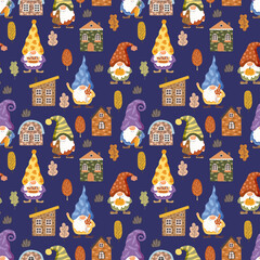 Cheerful gnomes in an autumn setting. Illustration in vector format. Seamless pattern.