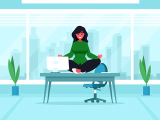 An illustration depicting a woman gracefully practicing yoga in an office setting. She exudes calmness and focus
