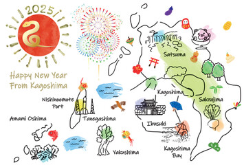 鹿児島県の観光地のイラストマップ年賀状2025年