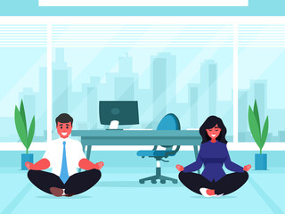 An illustration depicting a man and a woman practicing yoga in an office setting. They are shown in yoga poses, surrounded by office furniture and equipment