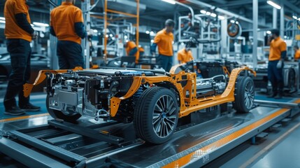 Car manufacturing factory, workers are assembling car body frame on production line
